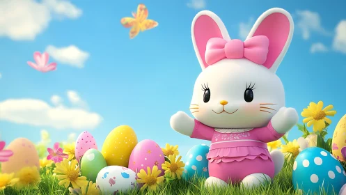Easter bunny mascot in pink dress amid colorful eggs.