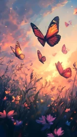 Digital painting of monarch butterflies over twilight meadow.