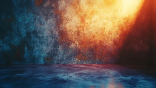 Empty textured room with dramatic blue and orange light wall.
