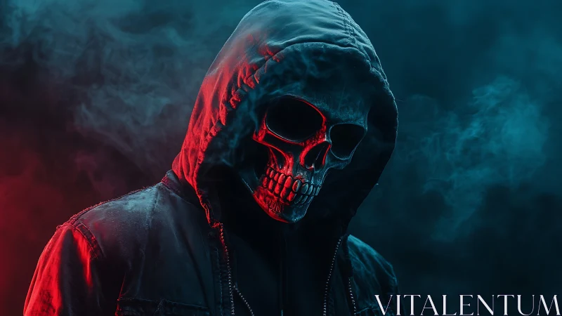 Hooded skull figure emerges in red and teal cinematic haze.
