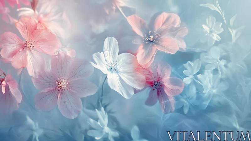 Pastel-toned floral composition with soft blue background.