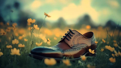 Dapper leather brogue daydreaming in a buttercup meadow.