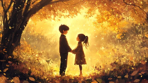 Silhouetted Children Holding Hands in Golden Autumn Woodland Tunnel.