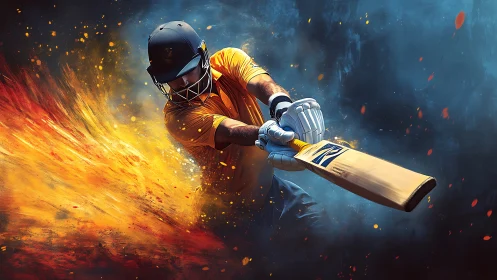 Cricket batsman drives ball through explosive fiery impact