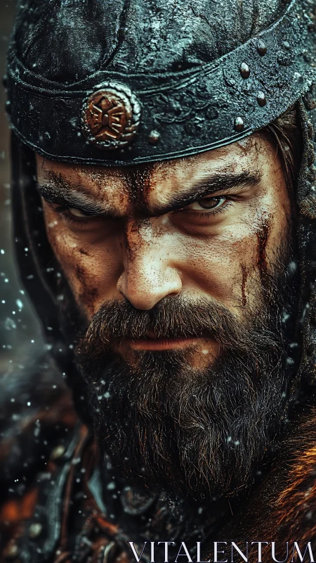 Battle-worn medieval warrior portrait in snowfall, hyperreal detail
