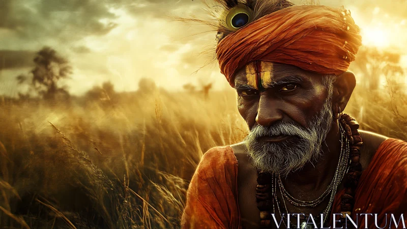 Elderly ascetic in saffron robe rendered in warm photorealism