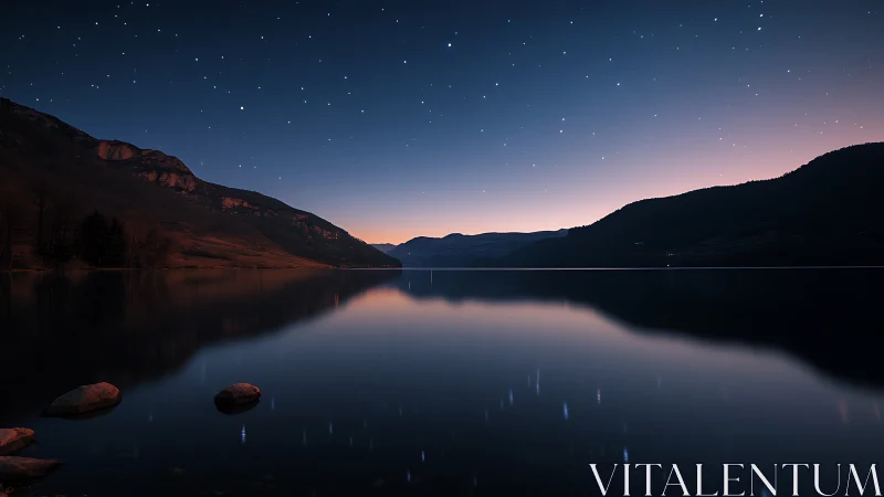 Still mountain lake under stars at deep blue twilight.