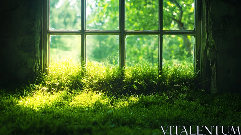 Sunlit overgrown window with lush indoor grass floor.