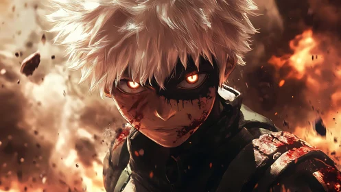 Battle-scarred anime warrior amid explosive ember storm.