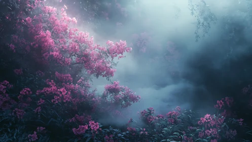 Mystic pink forest canopy immersed in ethereal morning fog.