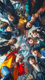 Group of people arranged in radial formation around camera