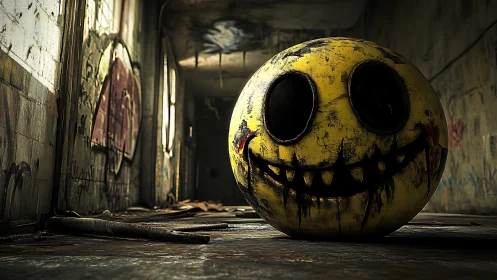 Smiling yellow horror sphere haunts decayed graffiti hallway