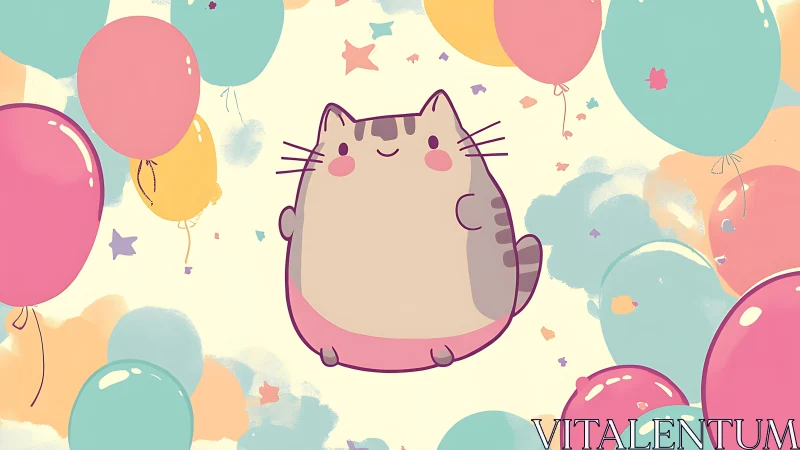 Whimsical feline celebrates joy amid a sky brimming with colorful balloons.