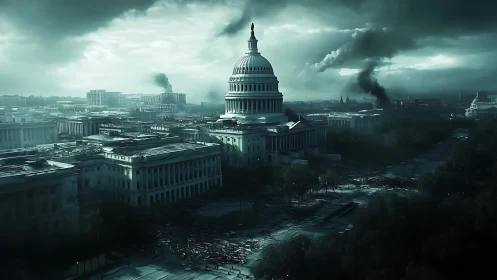 Capitol complex in a smoke filled, damaged urban landscape.