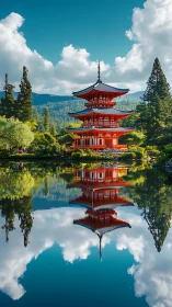 Tiered pagoda structure is reflected symmetrically in calm water