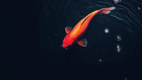 Vibrant orange koi gliding through dark rippling water.