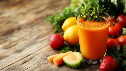 Carrot orange smoothie glass with fresh fruits and herbs.