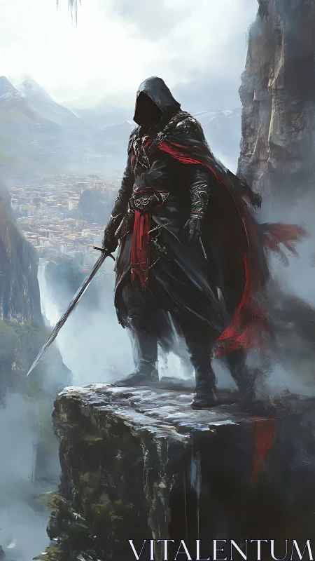 Hooded figure with sword stands on cliff above distant city