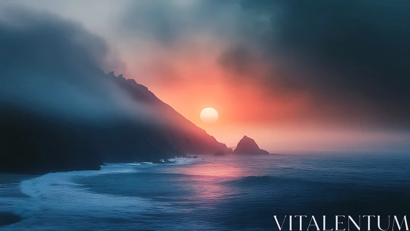 Fog-draped headland cradles a neon hush of ocean sunset.