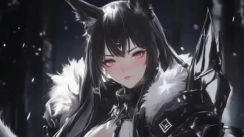 Dark-haired fox warrior gazes forward in snowy twilight.