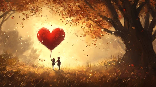 Children Hold Luminous Heart Beneath Autumn Trees.