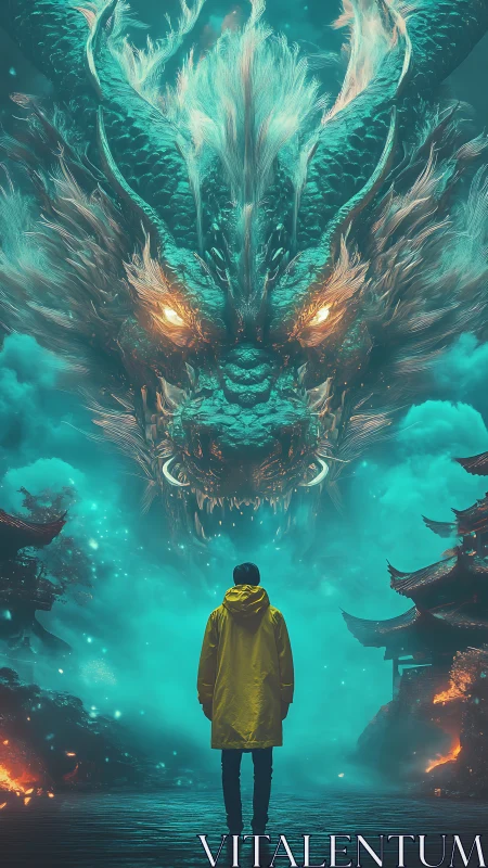 Lone figure confronts colossal teal dragon in burning mist