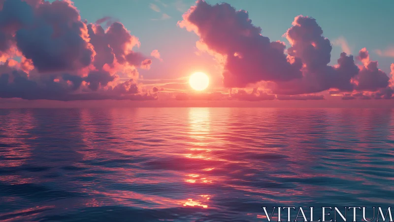 Sunset over calm ocean with vivid pink cloud reflections.