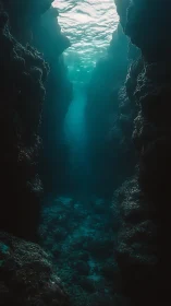 Underwater rock canyon descends toward a dim seafloor