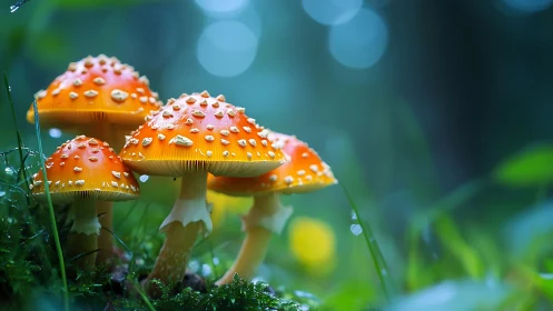 Cluster of orange mushrooms with white spots in damp forest.