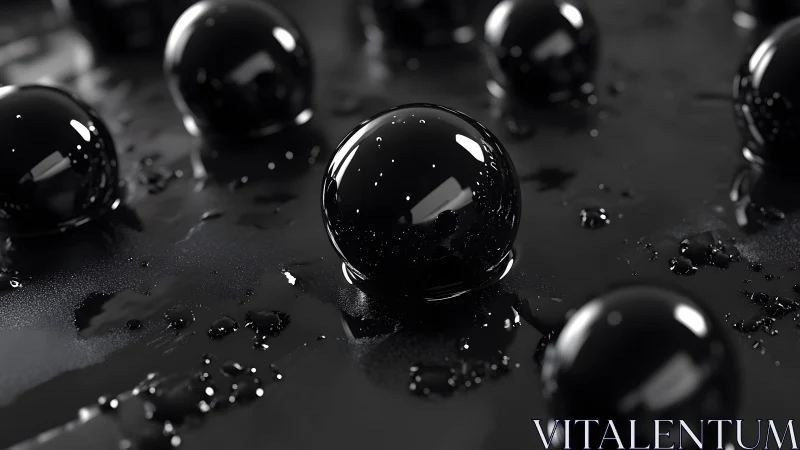 Shiny Black Spheres on Wet Surface, Abstract Macro Photography.