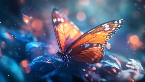 Luminous orange butterfly rests gently in a dreamy twilight glow