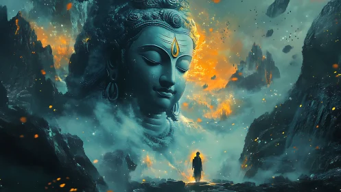 Colossal serene deity emerges in fiery cosmic mountain mist