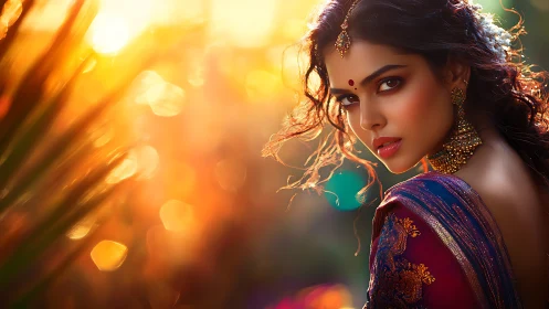Woman in traditional attire stands in warm backlit sunset