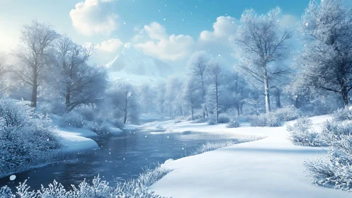 Snowy river valley reflects pale winter light beneath mountains