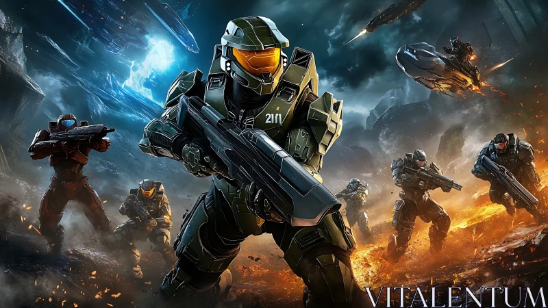 Armored soldiers advancing in sci fi battlefield environment.