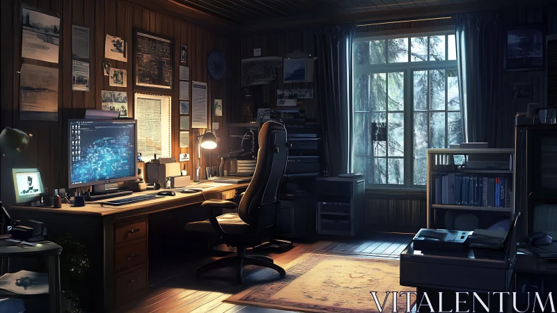 Photorealistic cyber desk workspace with cinematic side lighting.