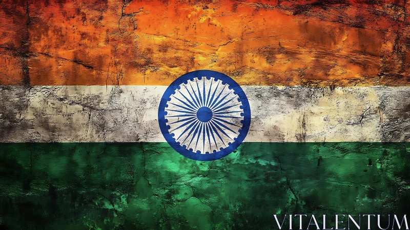 Weathered tricolor wall lets the Indian Ashoka Chakra blaze