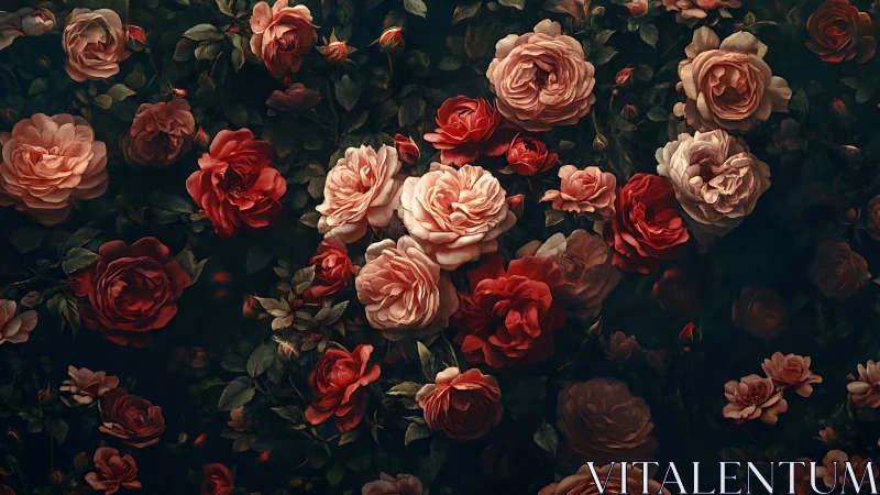 Lush Garden Roses. Rich Florals Against Dark Foliage.