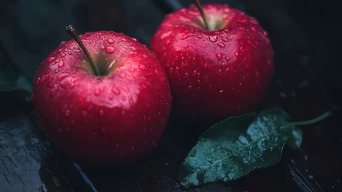Rain-kissed twin apples glowing on a midnight tabletop.