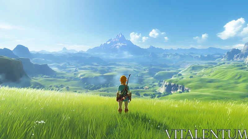 Young adventurer gazing over a bright, boundless valley.