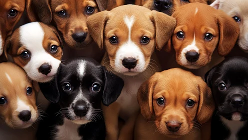 Closeup portrait grid of multicolored beagle puppies.
