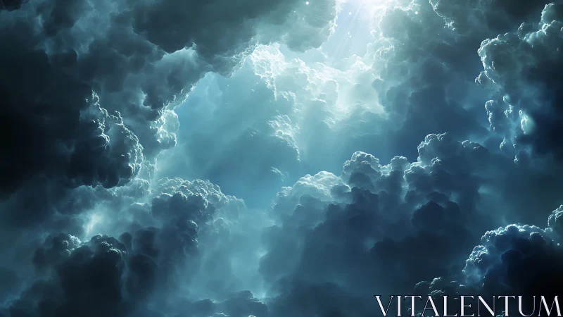 Storm-sculpted heavens split by radiant celestial cascades.