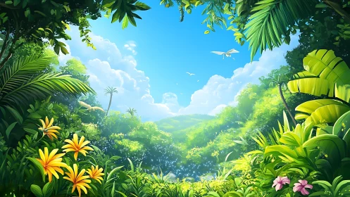 Sunlit jungle clearing where tropical leaves gossip quietly.