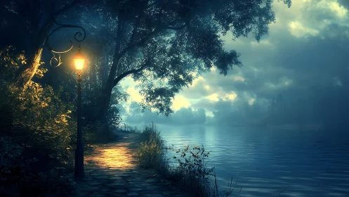 Lamp lit forest path beside calm misty blue lake at dusk.