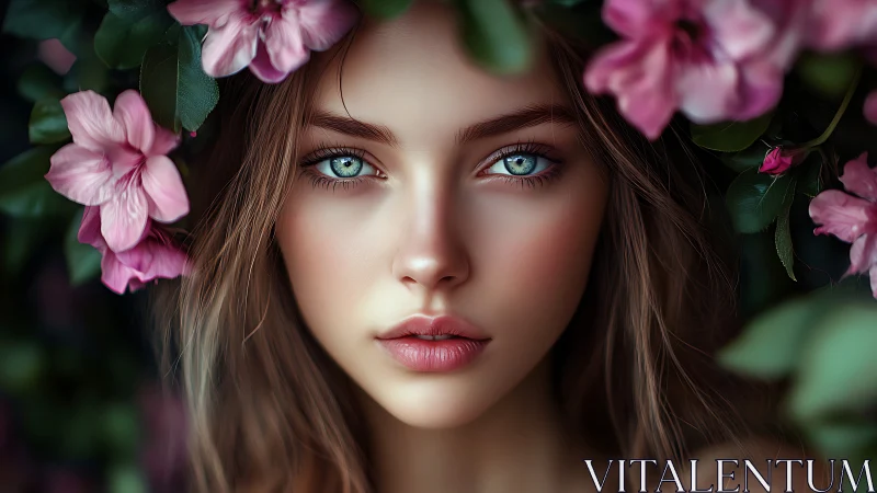 Digital portrait of blue-eyed woman framed by flowers.