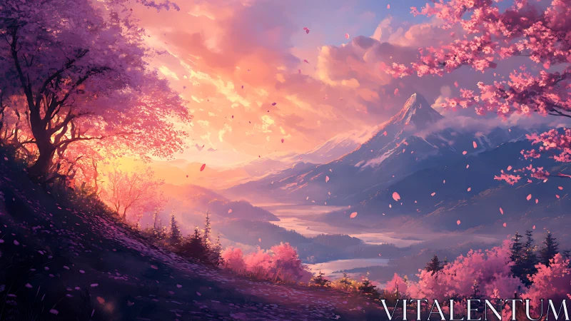 Soft sunset over cherry blossom valley and distant peaks.