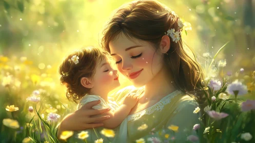 Woman and child in luminescent garden with flowering plants