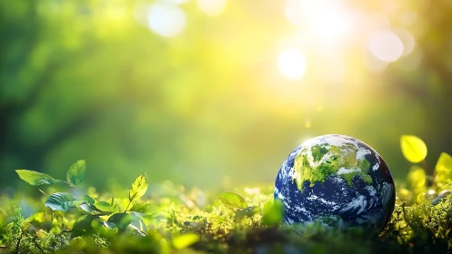 Earth globe resting on lush greenery with sunlight, eco-friendly concept.