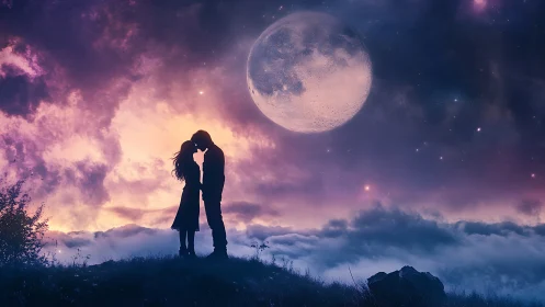 Silhouetted lovers kiss beneath colossal moon and stars.