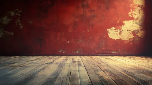 Empty interior with worn red wall and wooden floorboards.